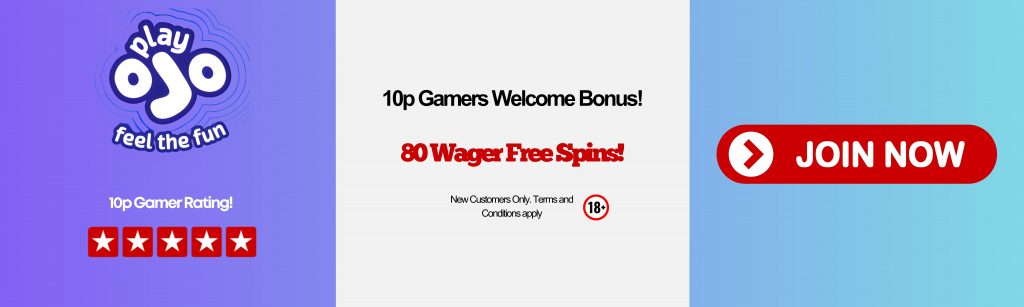PlayOJO bonus banner – 80 wager-free spins welcome offer with no wagering requirements
